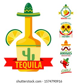 Mexican food and tequila isolated icons, restaurant or cafe vector. Cactus drink and lime, chili pepper and sugar skull, mustache and sombrero. Cuisine of Mexico, fastfood and bistro emblem or logo