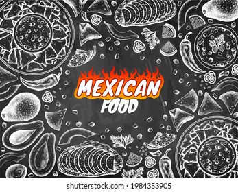 Mexican food text, chalk drawing poster with avocado, nachos, guacamole, chili pepper, corn chips, avocado toast isolated on blackboard. Outline vegan snacks chalkboard menu. Vector illustration.