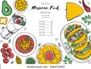 Mexican food top view frame. A set of mexican dishes with tortilla soup, tacos, burritos, nachos. Food menu design template. Vintage hand drawn sketch vector illustration. Mexican cuisine, engraved. 