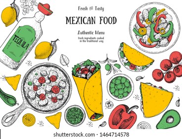 Mexican food top view frame. A set of mexican dishes with burritos, quesadillas, fajitas. Food menu design template. Vintage hand drawn sketch vector illustration. Mexican cuisine engraved image.