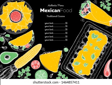 Mexican food top view frame. A set of classic mexican dishes with nachos, burritos, enchiladas. Food menu design template. Hand drawn sketch vector illustration. Mexican cuisine menu illustration.