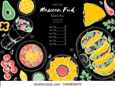 Mexican food top view frame. A set of mexican dishes with tortilla soup, tacos, burritos, nachos. Food menu design template. Vintage hand drawn sketch vector illustration. Mexican cuisine, engraved.