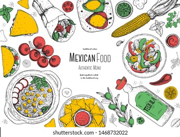 Mexican food top view frame. A set of mexican dishes with pozole, quesadillas, tacos, burrito. Food menu design template. Vintage hand drawn sketch vector illustration. Mexican cuisine engraved image.