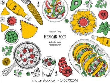 Mexican food top view frame. A set of mexican dishes with quesadillas, burritos, nachos, fajitas. Food menu design template.Vintage hand drawn sketch vector illustration.Mexican cuisine engraved image