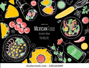 Mexican food top view frame. A set of mexican dishes with pozole, quesadillas, tacos, burrito. Food menu design template. Vintage hand drawn sketch vector illustration. Mexican cuisine engraved image