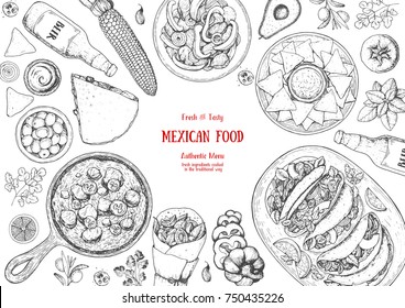 Mexican food top view frame. A set of mexican dishes with quesadillas, burritos, nachos, fajitas. Food menu design template.Vintage hand drawn sketch vector illustration.Mexican cuisine engraved image