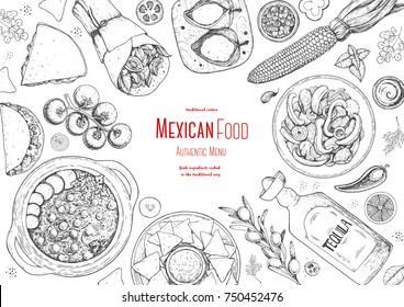 Marco de vista superior de la comida mexicana. Un conjunto de platos mexicanos con pozole, quesadillas, tacos, burrito. Plantilla de diseño de menú de comida. Dibujo vintage dibujado a mano ilustración vectorial. La cocina mexicana está grabada.