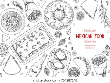 Mexican food top view frame. A set of classic mexican dishes with tacos, burrito, nachos, enchiladas poblano. Food menu design template. Vintage hand drawn sketch vector illustration. Mexican cuisine.