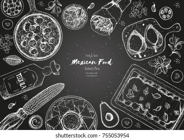Mexican food top view frame. A set of classic mexican dishes with enchiladas, burrito, poblanos, nachos. Food menu design template. Vintage hand drawn sketch vector illustration. Mexican cuisine.