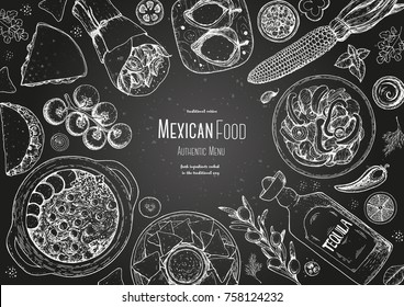 Mexican food top view frame. A set of mexican dishes with pozole, quesadillas, tacos, burrito. Food menu design template. Vintage hand drawn sketch, vector illustration. Engraved image.