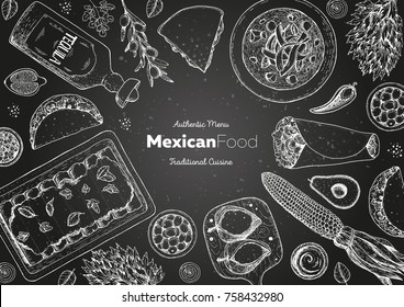 Mexican food top view frame. A set of mexican dishes with enchiladas, burritos, tortilla soup, poblanos, tacos. Food menu design template. Vintage hand drawn sketch. Vector illustration.