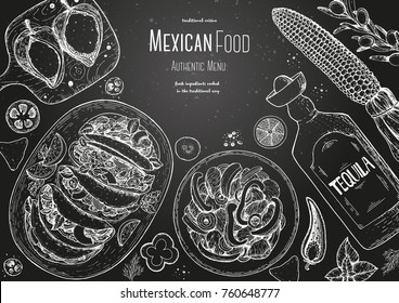 Mexican food top view frame. A set of classic mexican dishes with tacos, fajita, poblano. Food menu design template. Vintage hand drawn sketch, vector illustration. Mexican cuisine engraved image.
