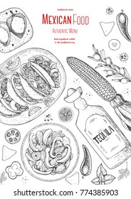 Mexican food top view frame. A set of classic mexican dishes with tacos, fajita, poblano. Food menu design template. Vintage hand drawn sketch vector illustration. Mexican cuisine engraved image.