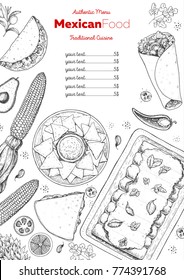 Mexican food top view frame. A set of classic mexican dishes with nachos, burritos, enchiladas. Food menu design template. Vintage hand drawn sketch vector illustration. Mexican cuisine engraved image