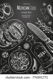 Mexican food top view frame. A set of classic mexican dishes with tacos, fajita, poblano. Food menu design template. Vintage hand drawn sketch vector illustration. Mexican cuisine engraved image.
