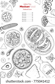 Mexican food top view frame. A set of classic mexican dishes with tacos, burrito, quesadillas, fajitas. Food menu design template. Vintage hand drawn sketch vector illustration. Mexican cuisine.