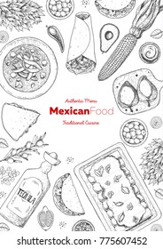 Mexican food top view frame. A set of mexican dishes with enchiladas, burritos, tortilla soup, poblanos, tacos. Food menu design template. Vintage hand drawn sketch vector illustration.Mexican cuisine