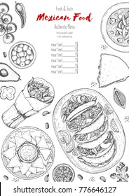 Mexican food top view frame. A set of mexican dishes with tortilla soup, tacos, burritos, nachos. Food menu design template. Vintage hand drawn sketch vector illustration. Mexican cuisine, engraved.