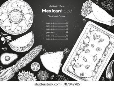 Mexican food top view frame. A set of classic mexican dishes with nachos, burritos, enchiladas. Food menu design template. Vintage hand drawn sketch vector illustration. Mexican cuisine engraved image