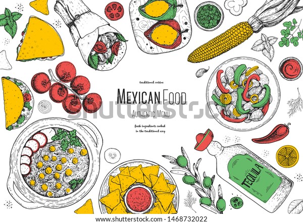 メキシコの食べ物の上枠 ポゾール ケサディラ タコス ブリトを含むメキシコ料理 のセット 食べ物メニューデザインテンプレート ビンテージ手描きのスケッチベクターイラスト メキシコ料理の彫刻画像 のベクター画像素材 ロイヤリティ フリー