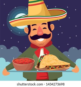 mexican food and tradicional culture with aman with moustache and mexican hat holding a tray with mole sauce and taco closeup profile