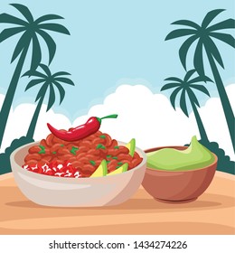 mexican food and tradicional culture with a bowl with beans, guacamole and chili pepper icon cartoon over the sand with palms and cloud in tropical lanscape vector illustration graphic design