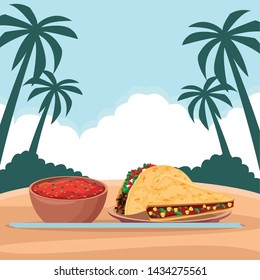 mexican food and tradicional culture with a bowl with mole sauce tacos icon cartoon over the sand with palms and cloud in tropical