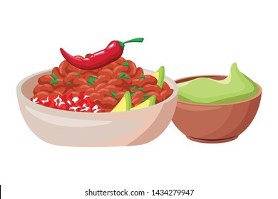 mexican food and tradicional culture with a bowl with beans, guacamole and chili pepper icon cartoon vector illustration graphic design