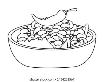 mexican food and tradicional culture with a bowl with beans and chili pepper icon cartoon in black and white vector illustration graphic design