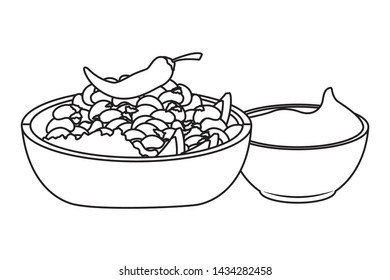 mexican food and tradicional culture with a bowl with beans, guacamole and chili pepper icon cartoon in black and white vector illustration graphic design