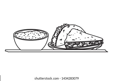 mexican food and tradicional culture with a bowl with mole sauce tacos icon cartoon in black and white vector illustration graphic design