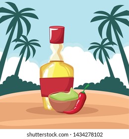 mexican food and tradicional culture with a guacamole, tequila bottle and chili pepper icon cartoon over the sand with palms and cloud in tropical lanscape vector illustration graphic design