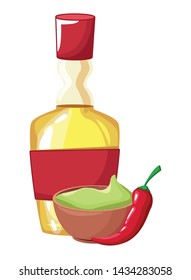 mexican food and tradicional culture with a guacamole, tequila bottle and chili pepper icon cartoon vector illustration graphic design