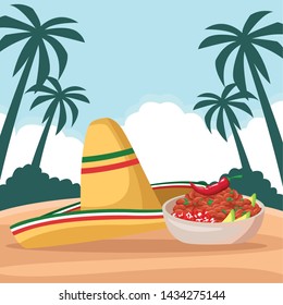 mexican food and tradicional culture with a mexican hat, bowl with beans and chili pepper icon cartoon over the sand with palms and cloud in tropical lanscape vector illustration graphic design