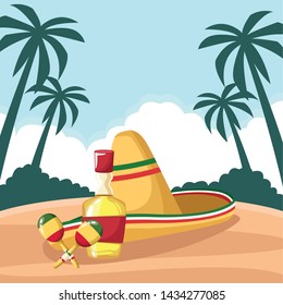 mexican food and tradicional culture with a mexican hat, macaras and tequila bottle icon cartoon over the sand with palms and cloud in tropical lanscape vector illustration graphic design