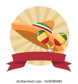 mexican food and tradicional culture with a mexican hat icon cartoon in round icon pop art background with ribbon banner vector illustration graphic design