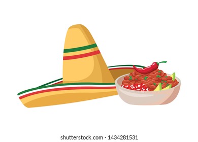 mexican food and tradicional culture with a mexican hat, bowl with beans and chili pepper icon cartoon vector illustration graphic design