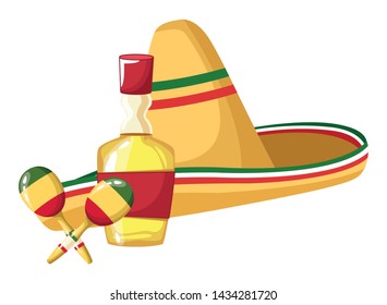 mexican food and tradicional culture with a mexican hat, macaras and tequila bottle icon cartoon vector illustration graphic design