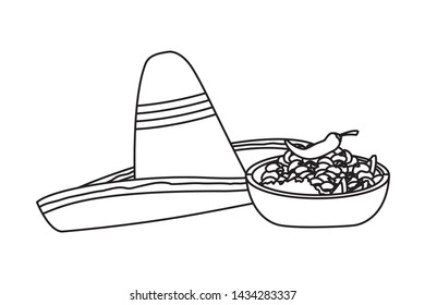 mexican food and tradicional culture with a mexican hat, bowl with beans and chili pepper icon cartoon in black and white vector illustration graphic design