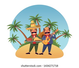 mexican food and tradicional culture with a mariachis man with mexican hat, moustache and guitar and man with moustache and mexican hat holding a tray with mole sauce and taco over the sand with palms