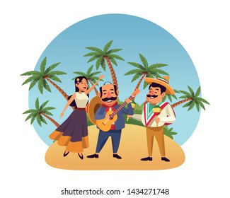 mexican food and tradicional culture with a mariachis woman singing with roses in her hair, man with mexican hat, moustache and guitar and man with mexican hat, moustache and maracas over the sand