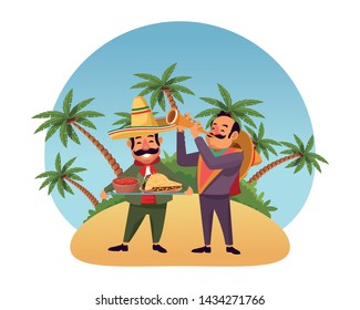 mexican food and tradicional culture with a mariachis man with mexican hat, moustache and trumpet and man with moustache and mexican hat holding a tray with mole sauce and taco over the sand with