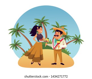 mexican food and tradicional culture with a mariachis man with mexican hat, moustache and maracas and woman holding a tray with chili, beans and guacamole over the sand with palms profile picture