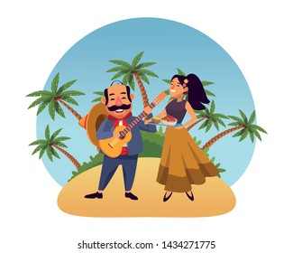 mexican food and tradicional culture with a mariachis man with mexican hat, moustache and guitar and woman holding a tray with chili, beans and guacamole over the sand with palms profile picture