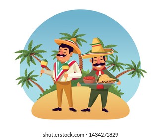 mexican food and tradicional culture with a mariachis man with mexican hat, moustache and maracas and man with moustache and mexican hat holding a tray with mole sauce and taco over the sand with