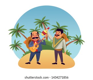 mexican food and tradicional culture with a mariachis man with mexican hat, moustache and guitar and man with mexican hat, moustache and tequila bottle over the sand with palms profile picture avatar