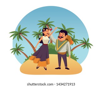 mexican food and tradicional culture with a mariachis woman singing with roses in her hair and man with mexican hat, moustache and tequila bottle over the sand with palms profile picture avatar