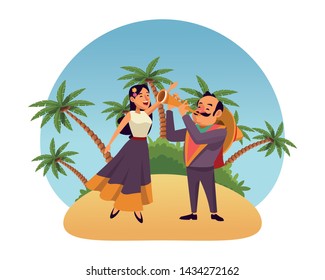 mexican food and tradicional culture with a mariachis woman singing with roses in her hair and man with mexican hat, moustache and trumpet over the sand with palms profile picture avatar cartoon