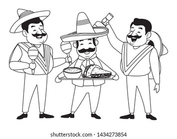 mexican food and tradicional culture with a mariachis man with mexican hat, moustache and maracas, man with mexican hat, moustache and tequila bottle and man with moustache and mexican hat holding a