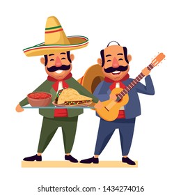 mexican food and tradicional culture with a mariachis man with mexican hat, moustache and guitar and man with moustache and mexican hat holding a tray with mole sauce and taco avatar cartoon character